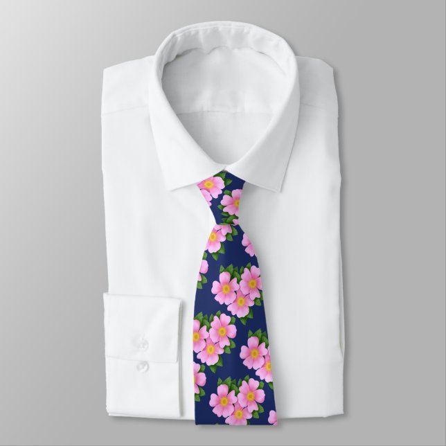 Pink Prairie Rose Floral Pattern on Navy Blue Tie (Tied)