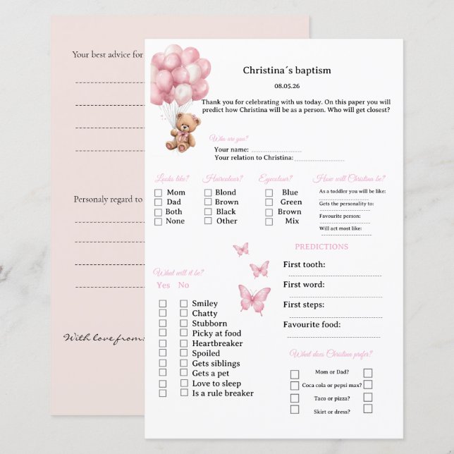 Pink Predictions and advice game for Baptism (Front/Back)