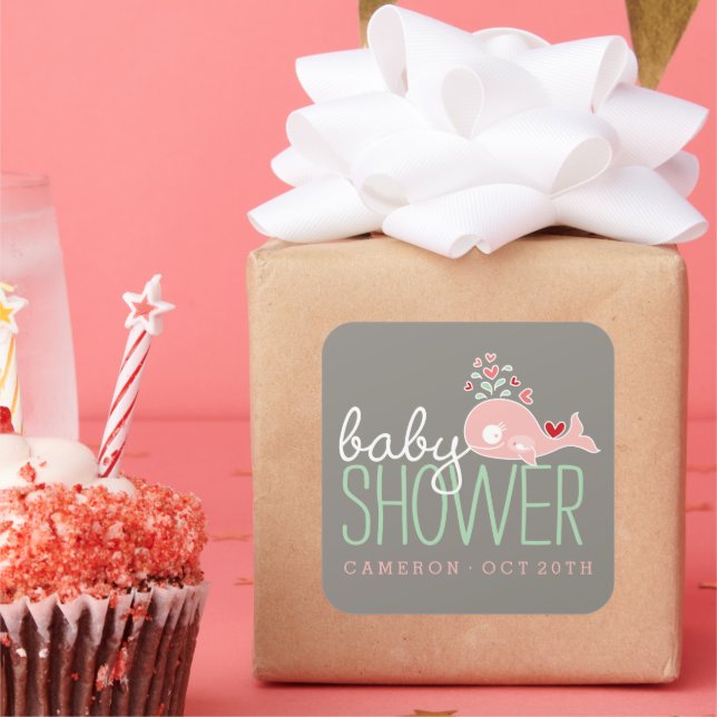 Pink Pregnant Mommy Whale Girl Baby Shower Party Square Sticker (Party)