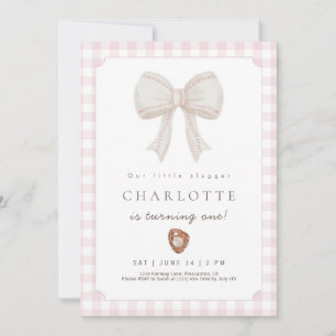 Pink Preppy Baseball Bow Watercolor Birthday Invitation