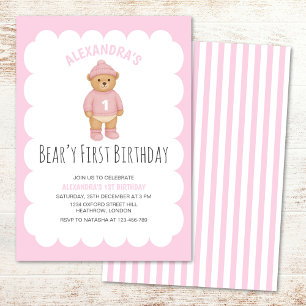 Pink Preppy Bear Beary First Birthday Invitation
