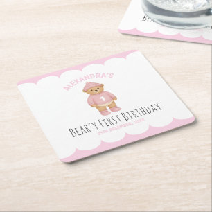 Pink Preppy Bear Beary First Birthday  Square Paper Coaster