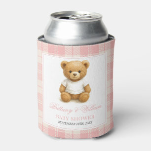 Pink Preppy Bear Elegant Plaid Baby Shower   Can Cooler