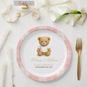 Pink Preppy Bear Elegant Plaid Baby Shower Paper Plate