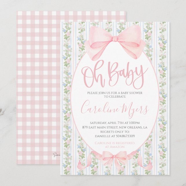 Pink Preppy Floral Coquette Bow Baby Girl Invitation (Front/Back)