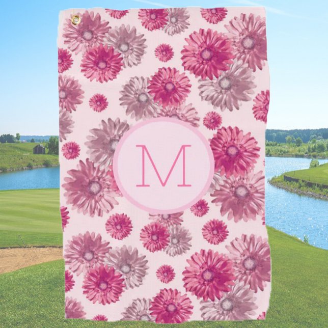 Pink preppy flowers custom monogram ladies golf towel (Creator Uploaded)