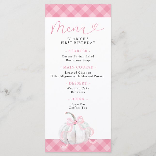 Pink Preppy Pumpkin Girl's First Birthday Menu (Front)
