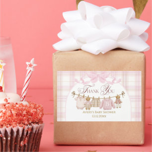 Pink Preppy Teddy Bear Girl Baby Shower Plaid Bow Sticker