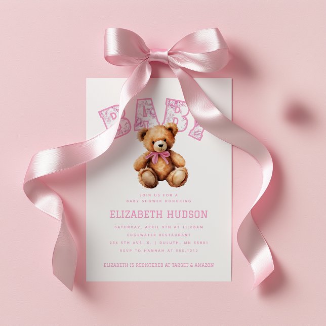 Pink Preppy Varsity Teddy Bear Baby Shower Invitation (Pink Preppy Varsity Teddy Bear Baby Shower Invitation)