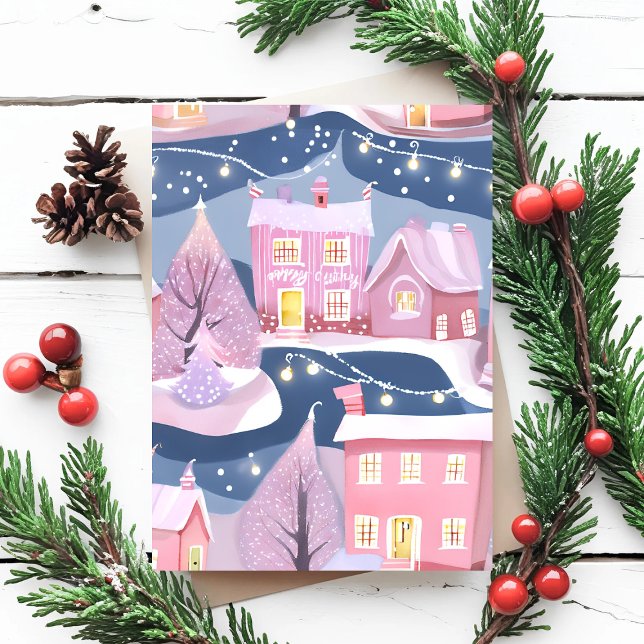 Pink Pretty Christmas Town | Watercolor Girly Holiday Postcard (Creator Uploaded)