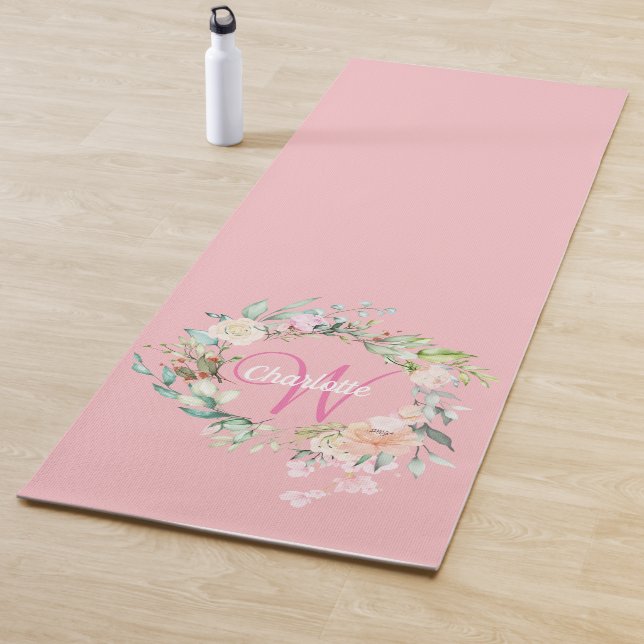 Pink Pretty Elegant Script Monogram Roses Floral Yoga Mat (In Situ)