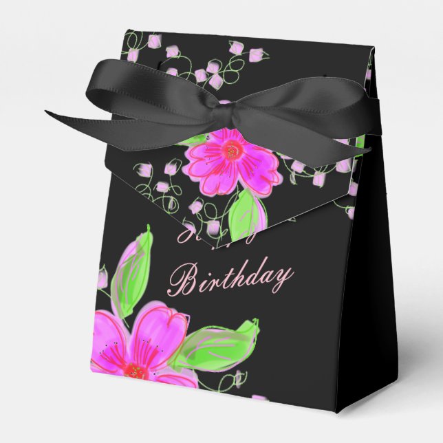 Pink Pretty Flowered Chocolate Favour Box In Black (Front Side)