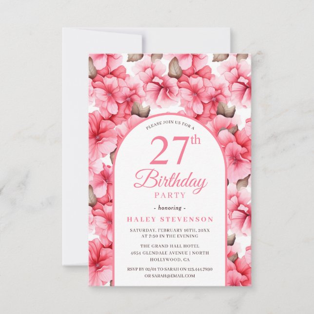 Pink Pretty Garden Floral Arch Chic 27th Birthday Invitation (Front)