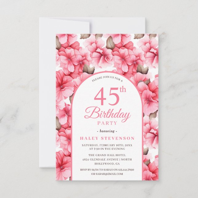Pink Pretty Garden Floral Arch Chic 45th Birthday Invitation (Front)