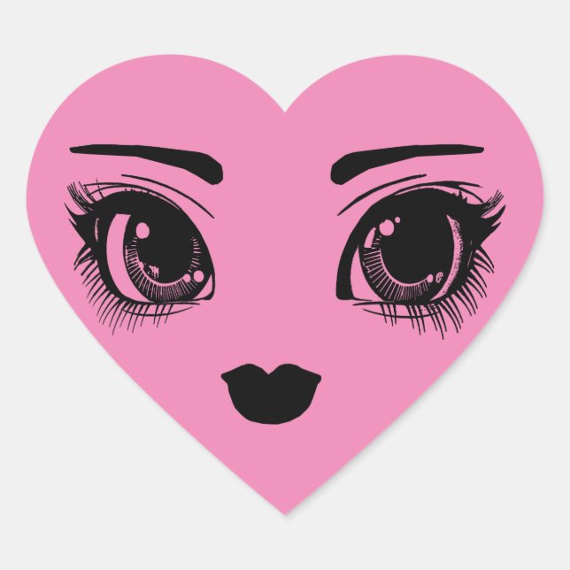 Pink Pretty Heart Face Art Heart Sticker (Front)