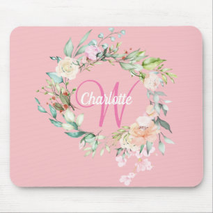 Pink Pretty Initial Script Monogram Roses Floral Mouse Pad