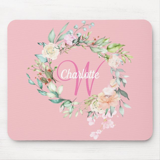Pink Pretty Initial Script Monogram Roses Floral Mouse Pad (Front)
