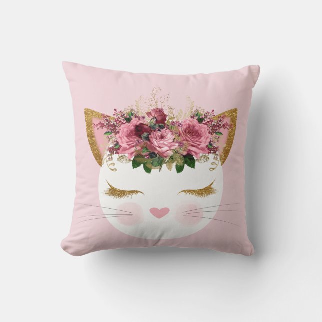 Pink Pretty Kitty Throw Pillow (Front)