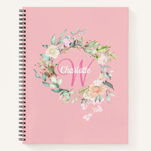 Pink Pretty Roses Floral Monogram Girly Script Notebook