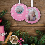 Pink Pretty Snowflakes Baby Girl's 1st Christmas Ornament Card<br><div class="desc">Photo ornament celebrating your baby girl's first Christmas with snowflakes in white against pink and two photos of your daughter.</div>