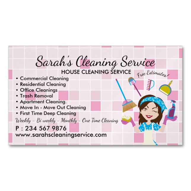 Pink Pretty Woman Cleaning & Maid Services Magnetic Business Card (Front)