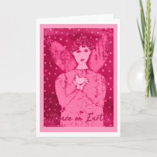Pink Primitive Angel with White Dove Holiday Card