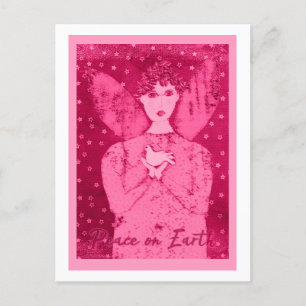 Pink Primitive Angel with White Dove Holiday Card