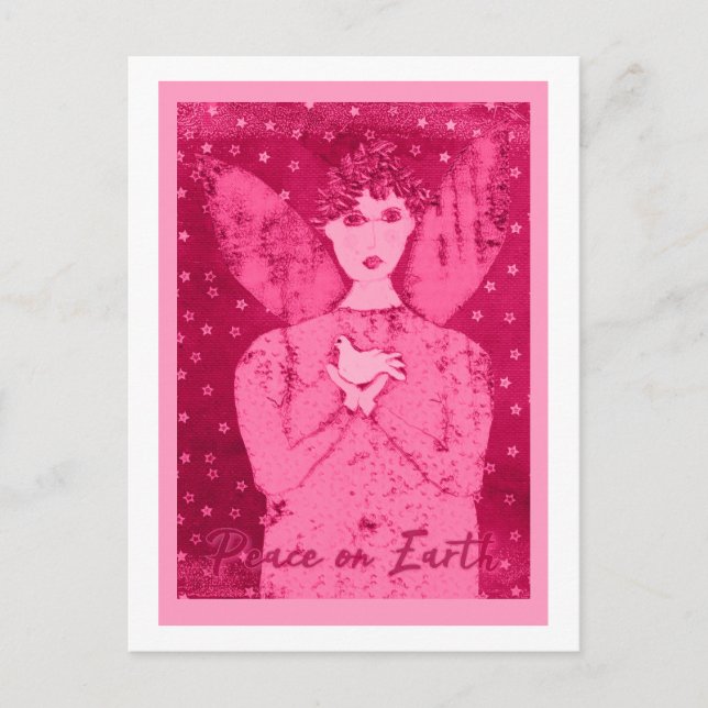 Pink Primitive Angel with White Dove Holiday Card (Front)