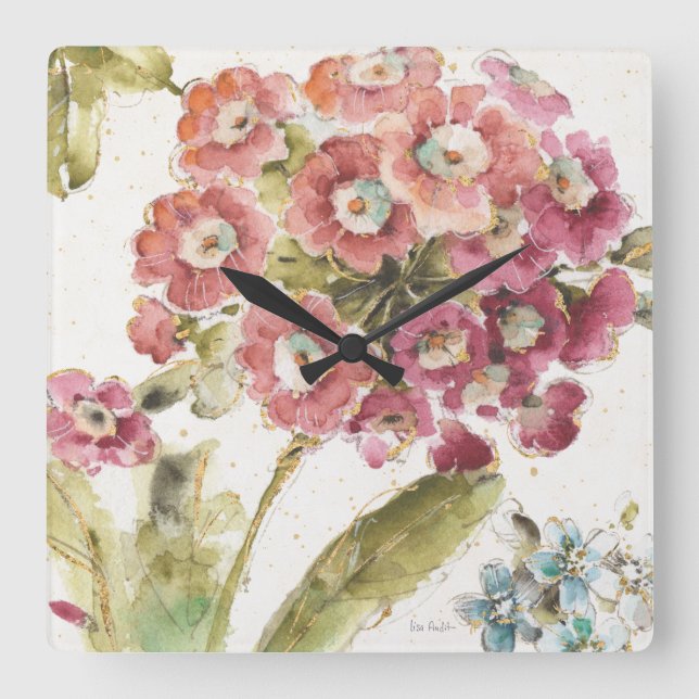 Pink Primrose Square Wall Clock (Front)