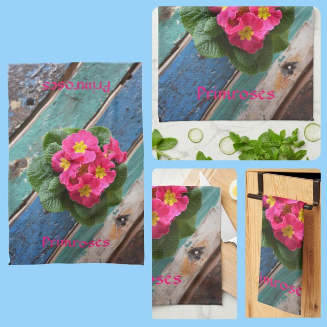Pink Primroses Bright Colourful Rustic Floral Kitchen Towel (Creator Uploaded)