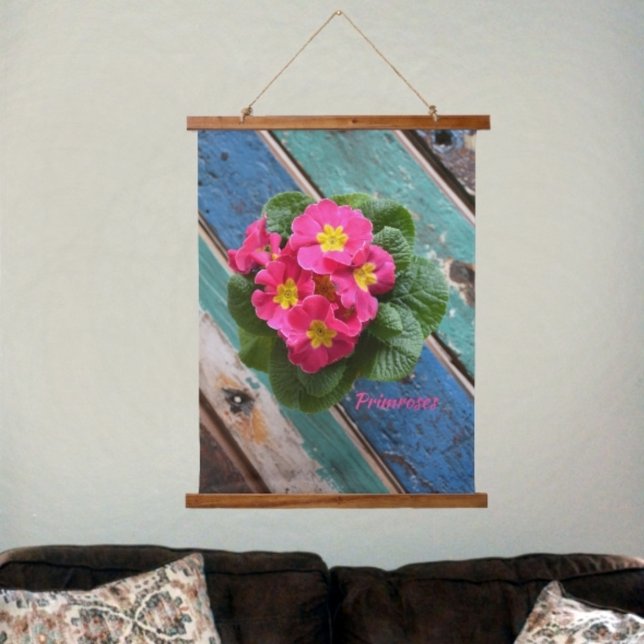 Pink Primroses Teal Aquw Turquoise Rustic Floral Hanging Tapestry (Creator Uploaded)