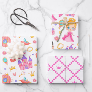 Pink Princess and Castle with Pattern  Wrapping Paper Sheet