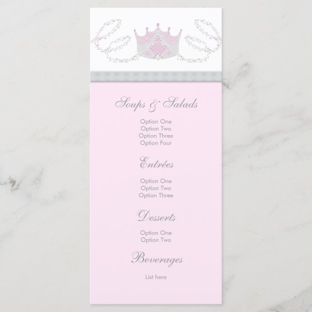Pink Princess Baby Girl Douche Menu Cartes en rack (Devant)