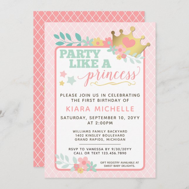 Pink Princess Baby Girl First Birthday Invitation (Front/Back)