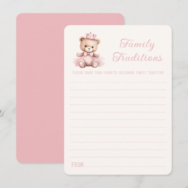 Pink Princess Bear Baby Shower Family Traditions Card (Front/Back)