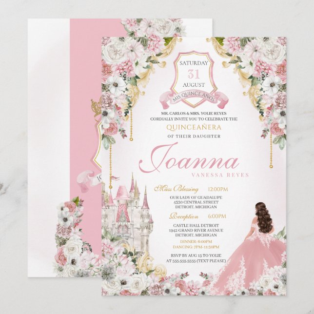 Pink Princess Blush Gold Royal Castle Quinceanera Invitation (Front/Back)