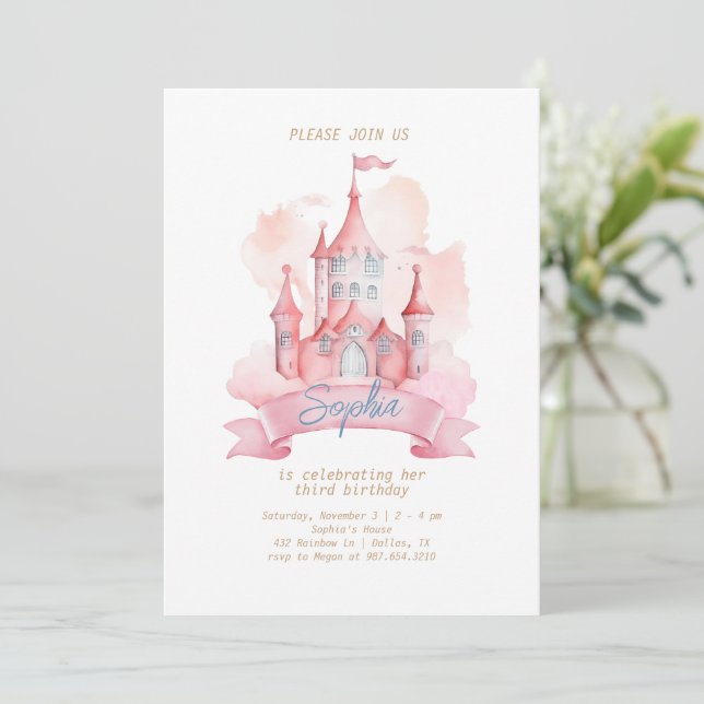 Pink Princess Castle Girl Birthday  Invitation (Standing Front)