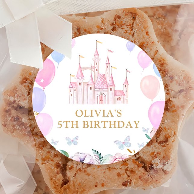 Pink Princess Castle Girl Birthday Party Classic Round Sticker (Creator Uploaded)