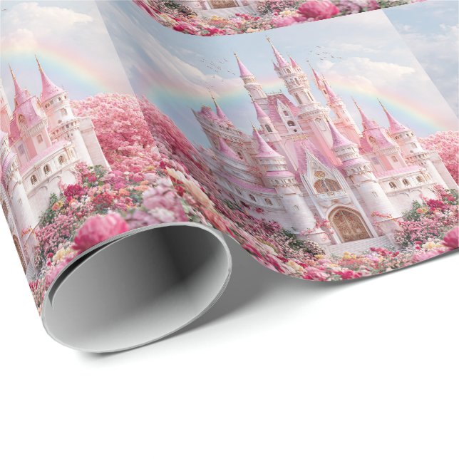 Pink Princess Castle Rainbow Clouds Wrapping Paper (Roll Corner)