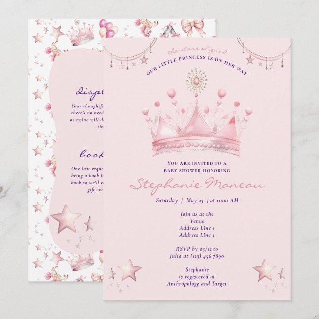 Pink Princess Celestial Stars Aligned Baby Shower Invitation (Front/Back)