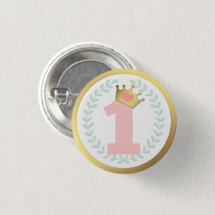 Pink Princess Crown Baby Girl First Birthday 1 Inch Round Button