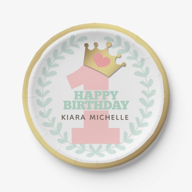 Pink Princess Crown Baby Girl First Birthday Party Paper Plate (Front)