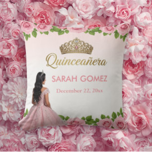 Pink Princess Dress Gold Tiara Quinceañera Throw Pillow