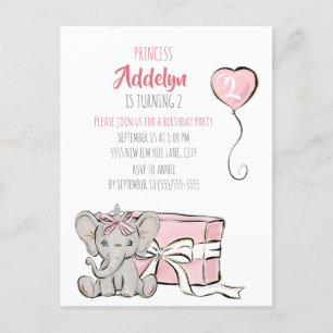 Pink Princess Elephant Child's 2nd Birthday Party Invitation Postcard
