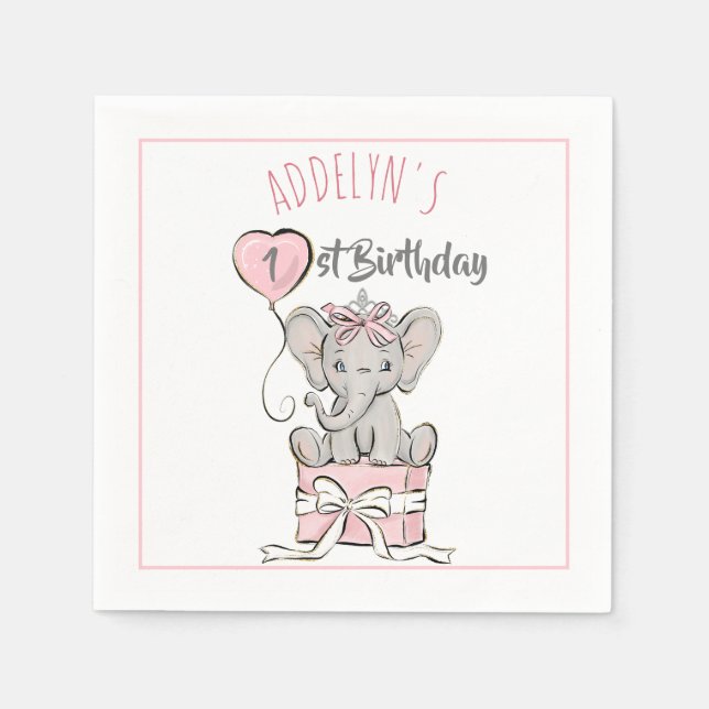 Pink Princess Elephant Child's Birthday Balloon Napkin (Front)