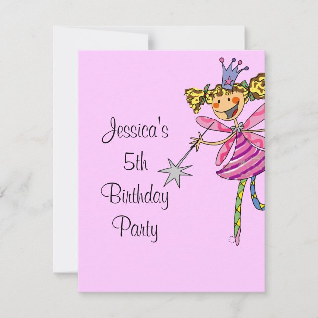 pink princess fairy 5th birthday girl invitation (Front)