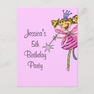 pink princess fairy 5th birthday girl invitation