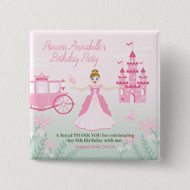 Pink Princess Fantasy Birthday Party 2 Inch Square Button (Front)