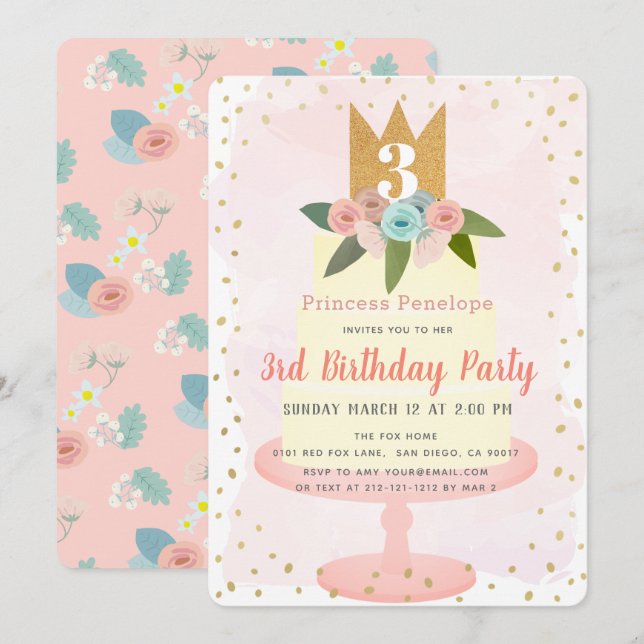 Pink Princess Floral Cake Girl Invitation Annivers (Devant / Derrière)