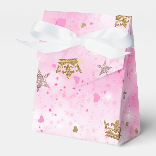 Pink Princess Hearts Stars & Crowns Birthday Party Favor Box (Front Side)